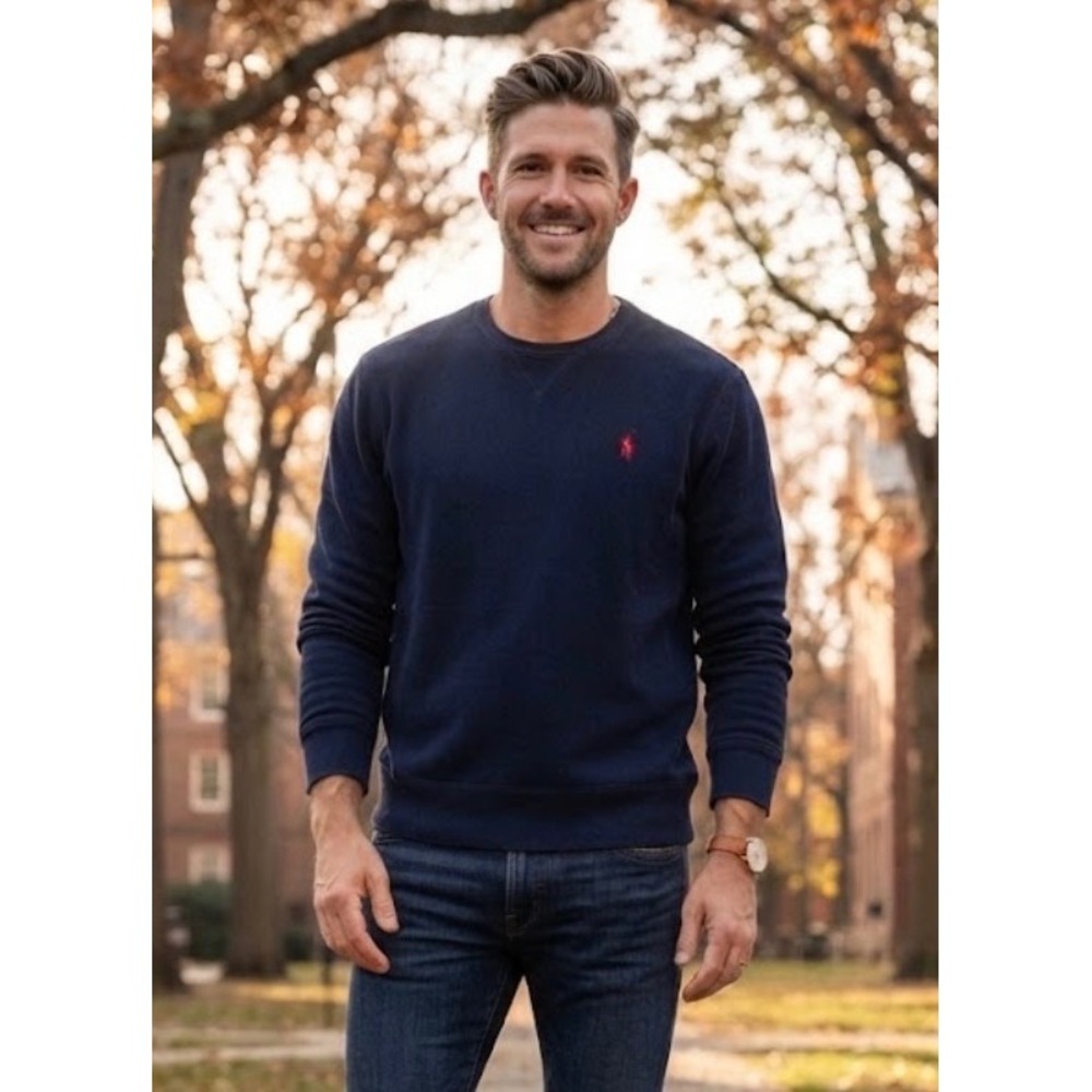 Polo Ralph Lauren Mens Navy Blue Crewneck Sweatshirt Red Pony Logo Cotton Medium